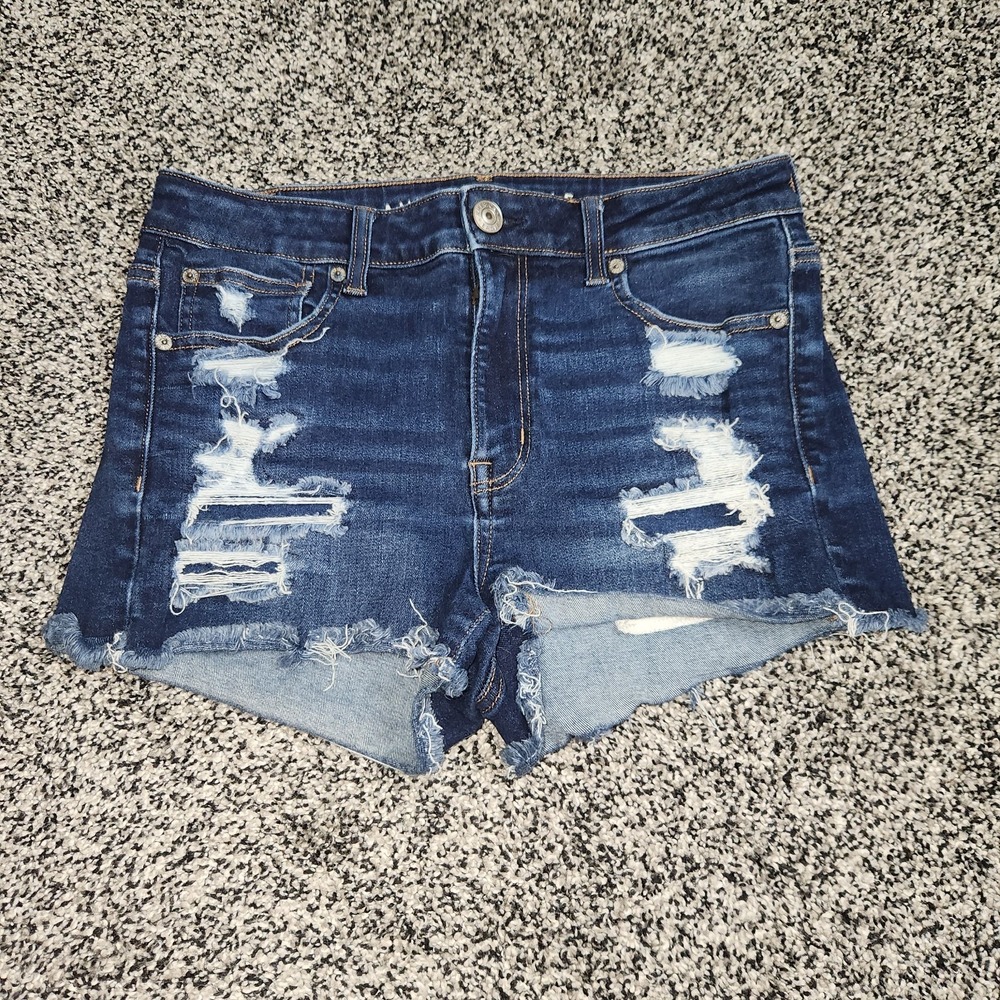 American Eagle Hi Rise Shortie Jean Shorts Darkwash Stretch Destruction Womens 8